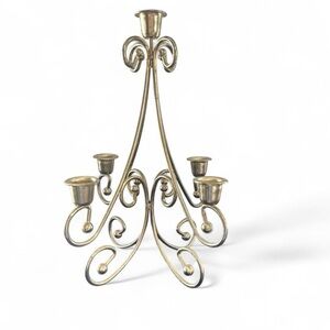 Vintage Brass Tone 5 Arm Scroll Candelabra Candle Holder Centerpiece 12” Decor